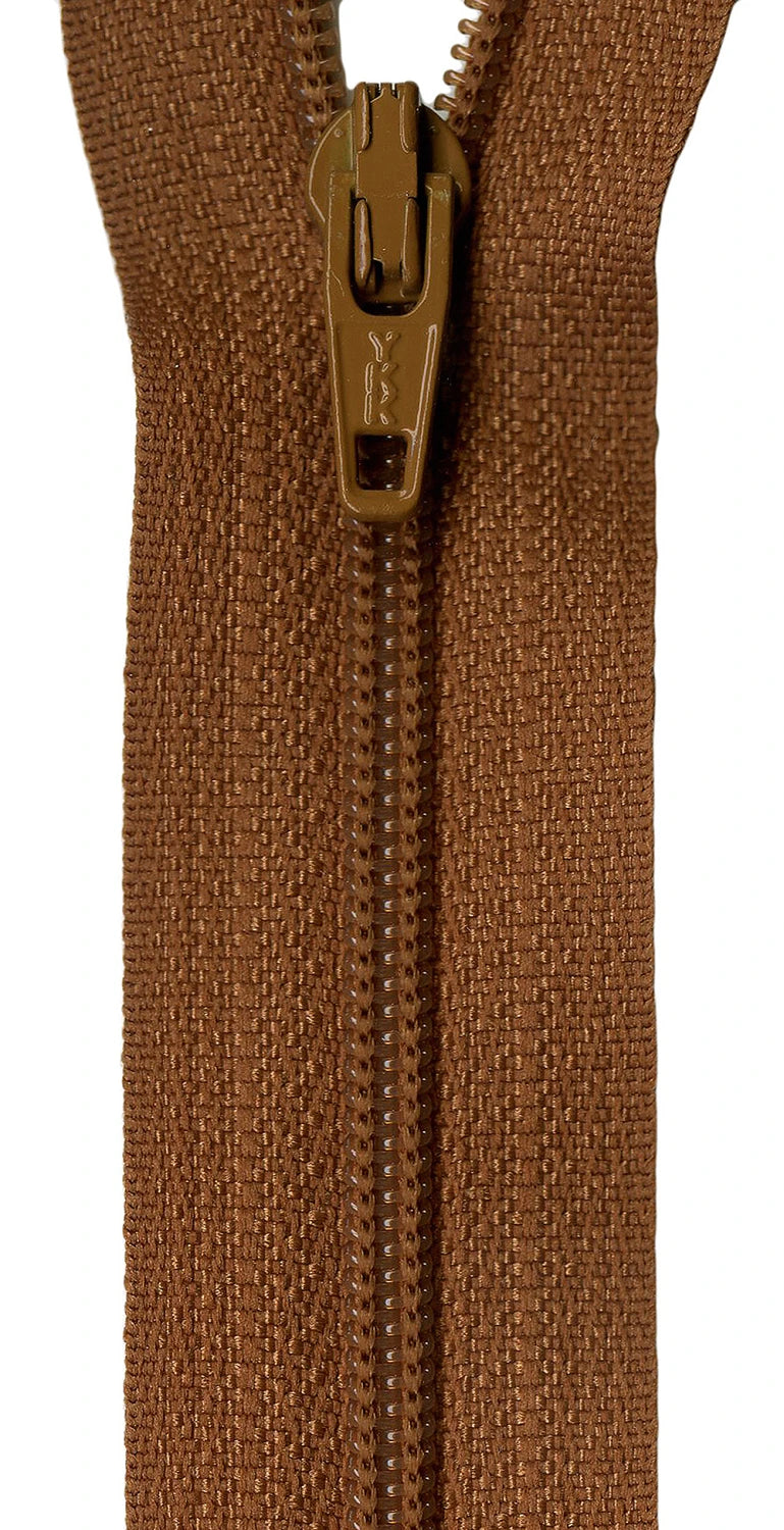 Close-up of the 14in Zipper Size 3 Gingerbread, partially unzipped to show the zipper pull and interlocking teeth on a brown fabric strip—ideal for sewing projects.