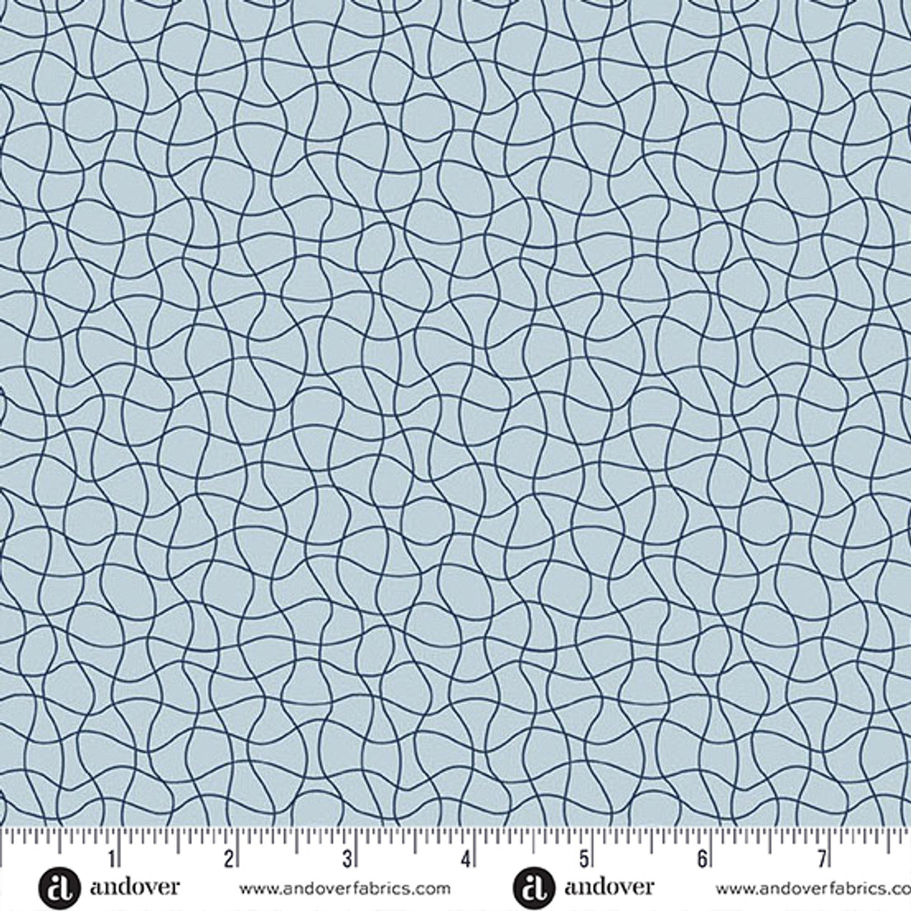 Coastal Walk Wedgewood Drift Net 108" Wide 3 Yard Quilt Fabric Back Pack by Andover features light blue fabric with thin, dark blue curved lines forming abstract loops and includes ruler and branding on the edge for easy measuring.