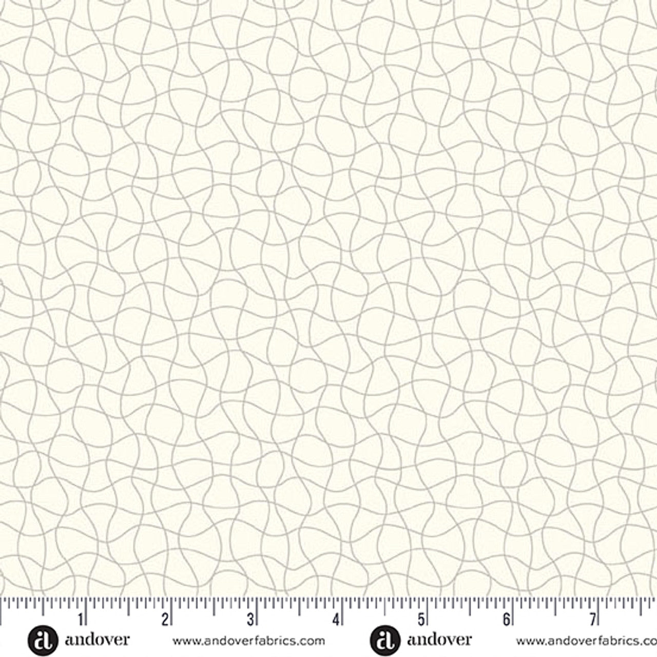 Coastal Walk Chrome Drift Net 108" Wide Quilt Backing Fabric by Andover features a light cream base with thin, interlocking gray drift net lines. Ruler and Andover branding appear at the bottom for scale. Perfect for wide quilt backings.