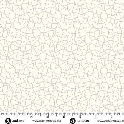 Coastal Walk Chrome Drift Net 108" Wide Quilt Backing Fabric by Andover features a light cream base with thin, interlocking gray drift net lines. Ruler and Andover branding appear at the bottom for scale. Perfect for wide quilt backings.