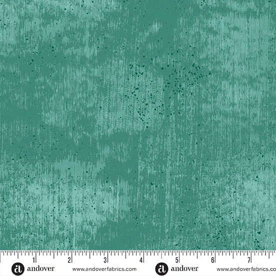 Glaze Waterfall 108" Wide Quilt Backing Fabric by Andover features a mottled teal design with subtle textures and darker speckles—perfect for modern quilts. A white ruler and the Andover Fabrics logo are shown at the bottom.