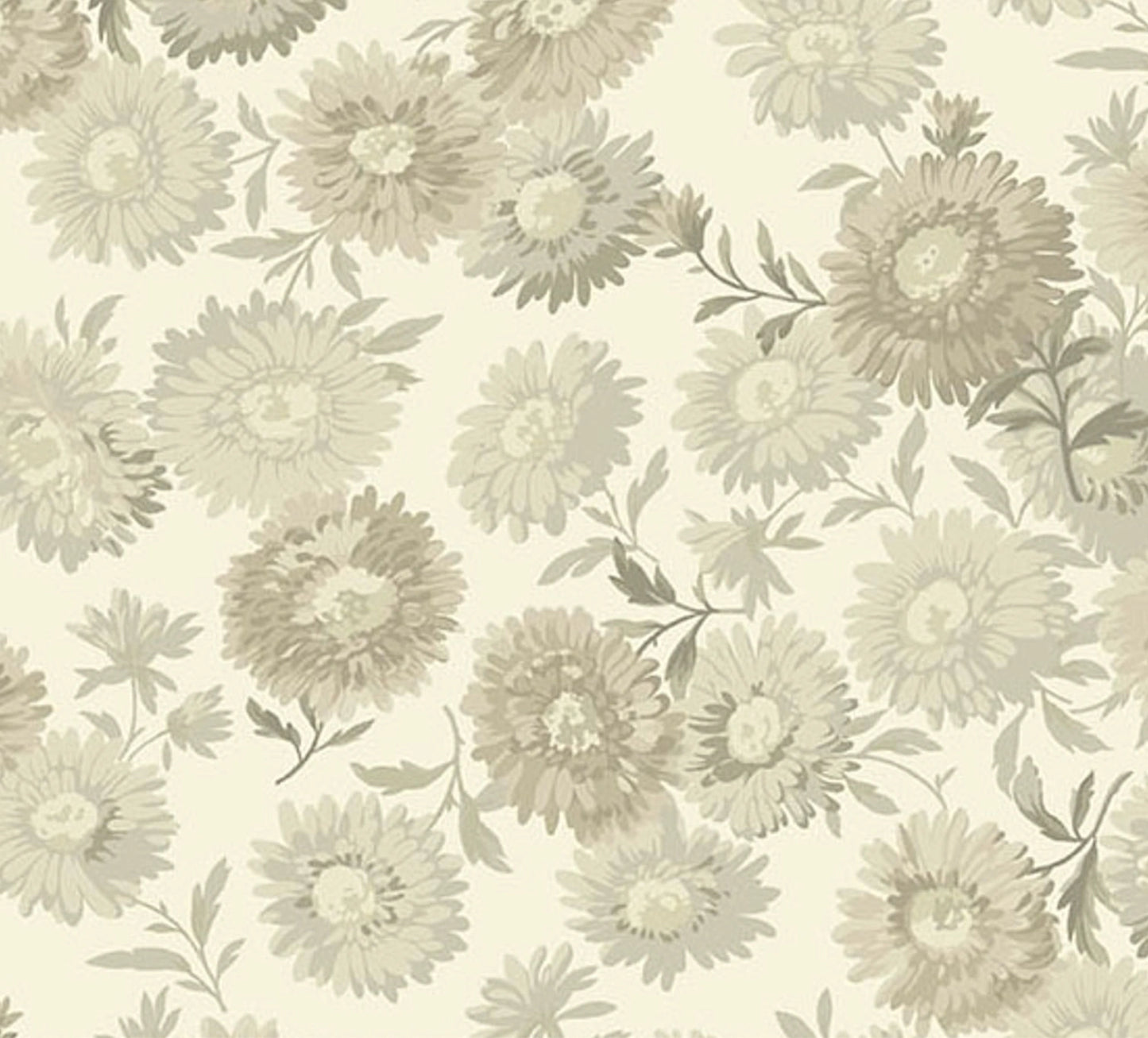 Chrysanthemum Dove 108" Wide 3 Yard Quilt Fabric Back Pack features a beige and tan floral pattern with large flowers and leafy stems on a light cream background, ideal for vintage, watercolor-style quilt backing.