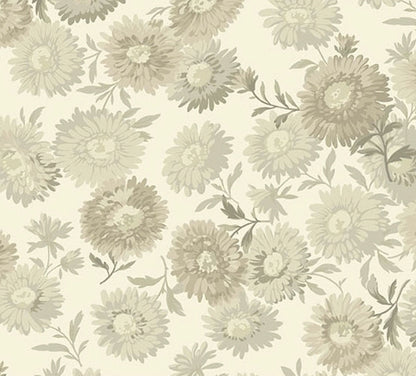 Chrysanthemum Dove 108" Wide 3 Yard Quilt Fabric Back Pack features a beige and tan floral pattern with large flowers and leafy stems on a light cream background, ideal for vintage, watercolor-style quilt backing.