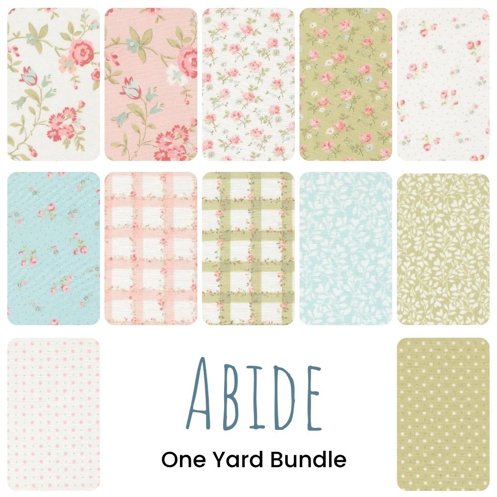 A Quilted Joy Abide One Yard Bundle features twelve rectangular pastel swatches in floral, checkered, and dotted patterns, arranged in three rows. Text below highlights the convenient one yard cuts.