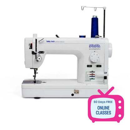 The Baby Lock Accomplish 2 Sewing Machine, shown with a blue spool, is ideal for quilting. A pink TV-shaped graphic highlights “60 Days FREE ONLINE CLASSES.” Brand: Baby Lock.