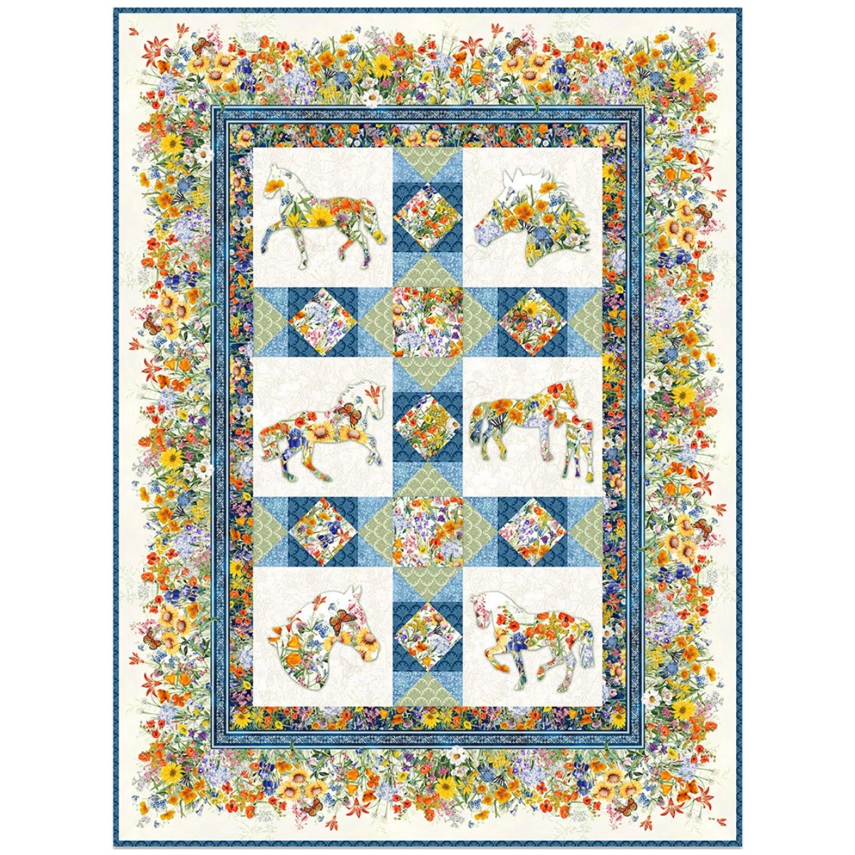 The All KY & TN Shop Hop 2026 Quilt Kit PRESALE by Quilted Joy features vibrant panels of floral-patterned unicorns, diamond shapes, and a multicolored flower border on white for a whimsical, cheerful look.