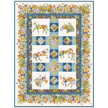 The All KY & TN Shop Hop 2026 Quilt Kit PRESALE by Quilted Joy features vibrant panels of floral-patterned unicorns, diamond shapes, and a multicolored flower border on white for a whimsical, cheerful look.