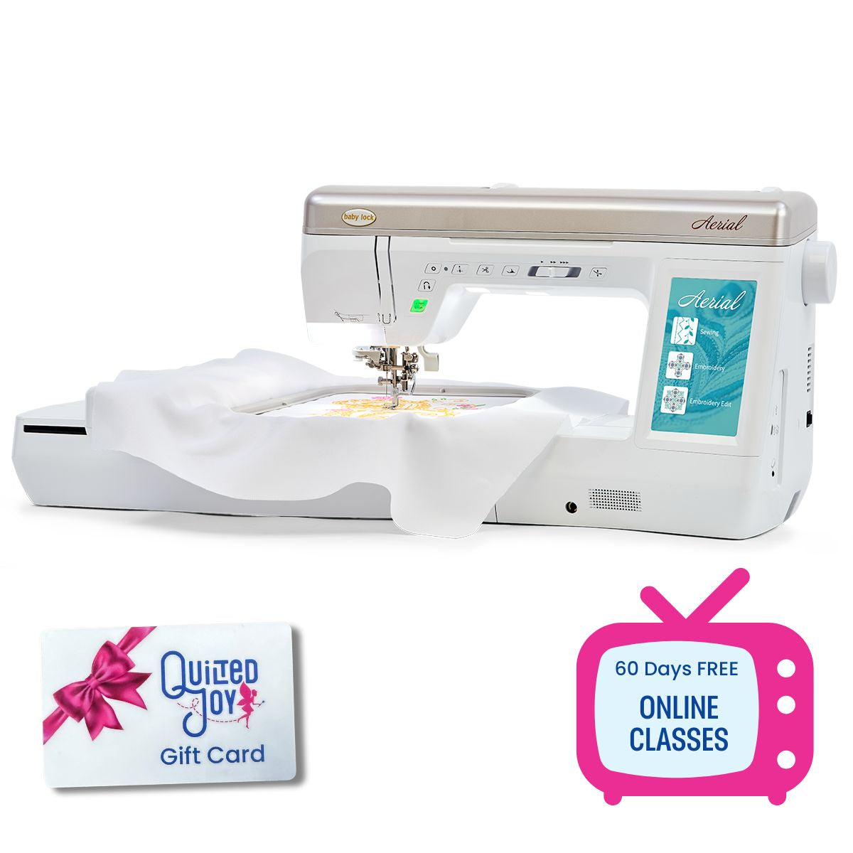 A Baby Lock Aerial Embroidery and Sewing Machine with 60 days of FREE online classes, plus a Quilted Joy gift card with pink bow and a pink TV graphic advertising the Black Friday Bonus Bundle.