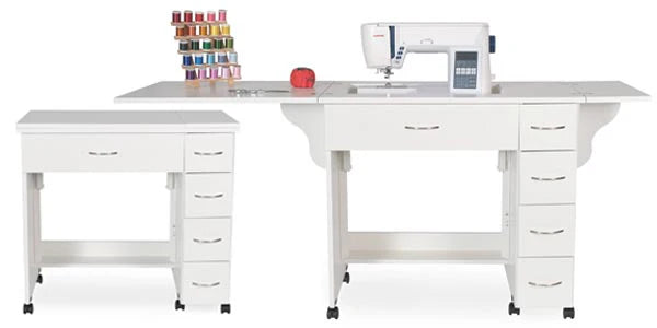 The Alice Sewing Cabinet (available in 2 colors) is a versatile, mid-size cabinet on wheels with drawers shown closed and open, displaying a sewing machine, thread spools, scissors, and a pincushion on its expanded work surface.