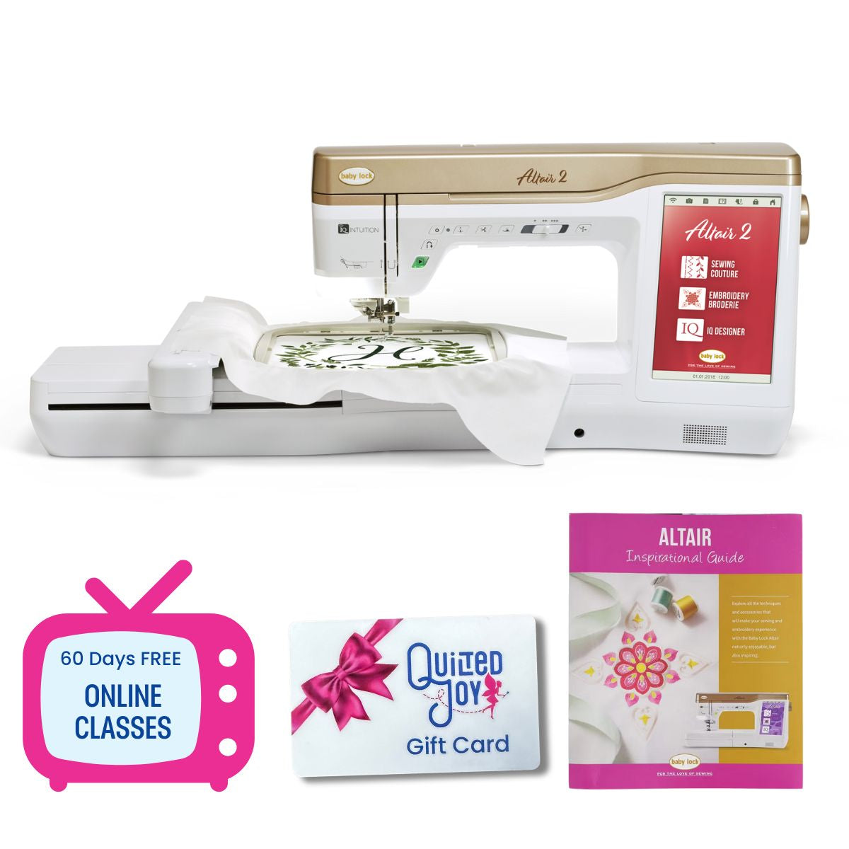 The Baby Lock Altair 2 Embroidery & Sewing Machine includes a hoop, 60 days of free online classes (pink TV icon), Quilted Joy gift card, Altair inspirational guide booklet, and a Black Friday Bonus Bundle.