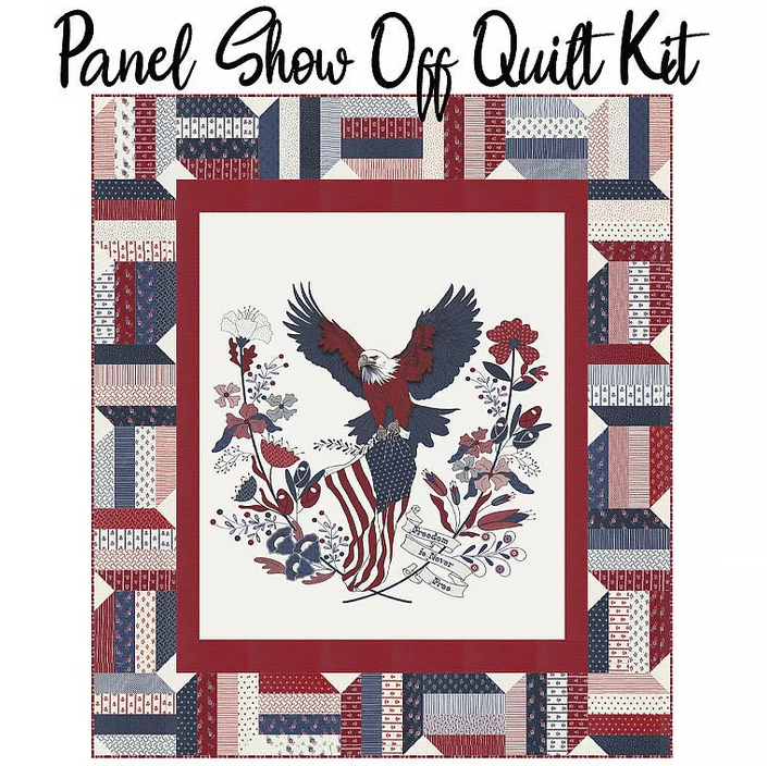 The American Gatherings Quilt Kit by Quilted Joy features a central eagle, American flag, and florals with a patriotic border in the Panel Show Off design—perfect for displaying your love of country.