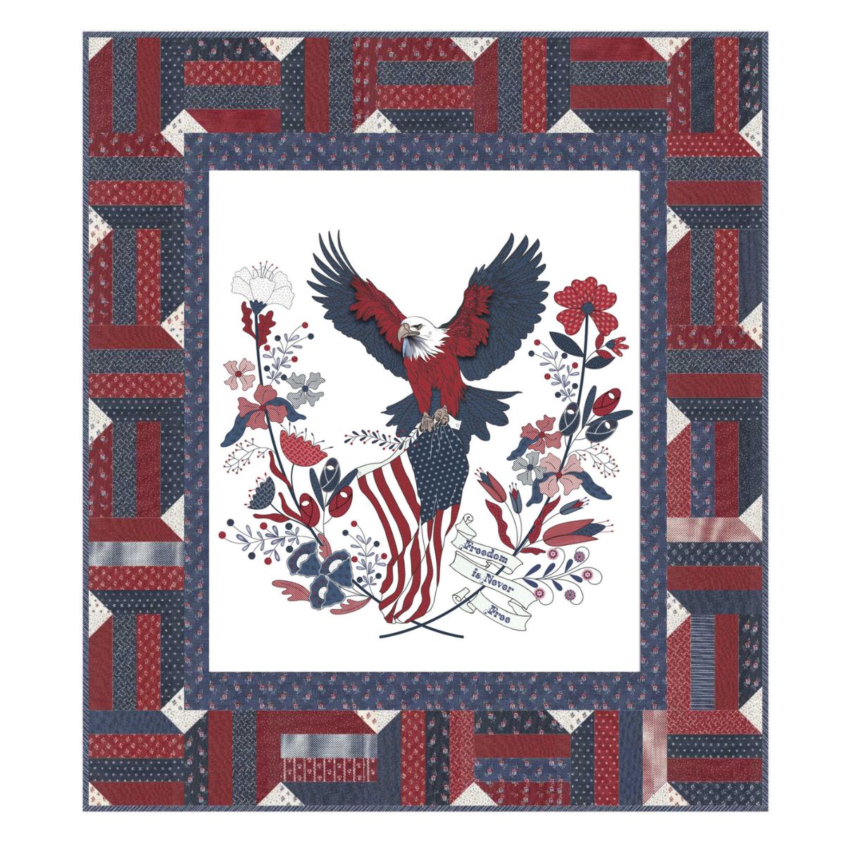 The American Gatherings III Quilt Class by Quilted Joy teaches you to create a patriotic quilt with a bald eagle holding a flag among red, white, and blue flowers—framed in vibrant patchwork. Perfect as an anniversary memento.