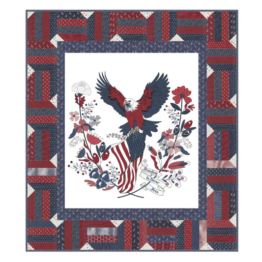 The American Gatherings III Quilt Class by Quilted Joy teaches you to create a patriotic quilt with a bald eagle holding a flag among red, white, and blue flowers—framed in vibrant patchwork. Perfect as an anniversary memento.