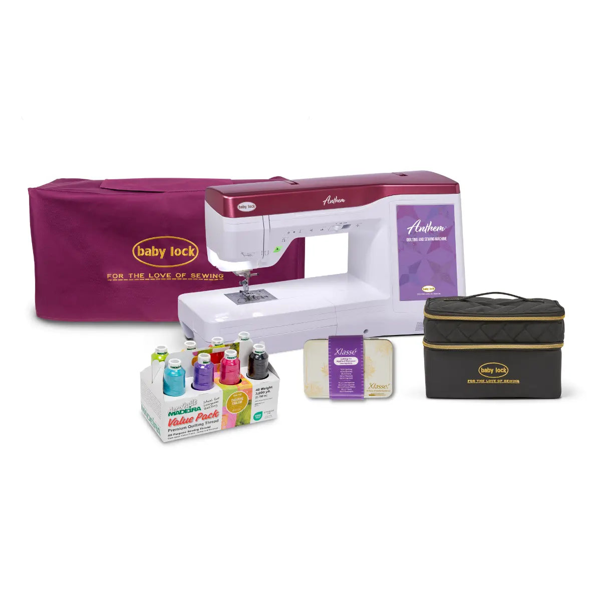 The Baby Lock Anthem Sewing & Quilting Machine with FREE 60 Days of Online Classes comes with StitchSync Regulation, a matching cover, black zippered storage bag, colorful thread spools, needles, and instruction booklets for a complete bundle.