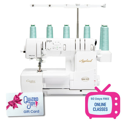 A white Baby Lock Applaud Deluxe Coverhem Machine with four teal thread spools, a quilting gift card with a pink bow, and a pink TV icon for 60 days of free online classes—perfect for mastering advanced cover-hem techniques.