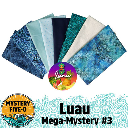 Eight aqua and teal fabrics are fanned out in a Hawaiian quilt style. Below is Quilted Joy’s round Luau logo, with "Mystery Five-0 Mega Mystery Luau Aqua Atlantia" text–perfect for your next themed quilting adventure!.