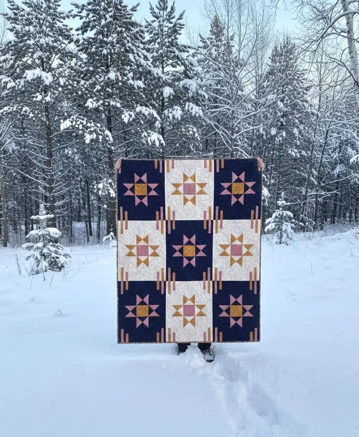 A person stands in a snowy forest holding up the Purple Pineapple Studio Astra Quilt Pattern, which features star designs in navy blue, gold, and cream, with only their hands and feet showing.