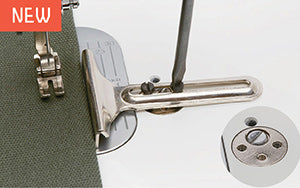 The attachment mounting plate of the JUKI Haruka TL-18QVP holding a fabric guide against olive green fabric, with an inset of the plate itself.