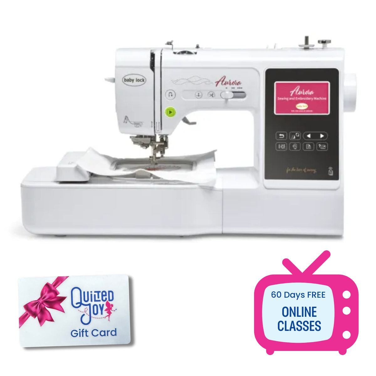 A Baby Lock Aurora Sewing & Embroidery Machine is shown with a Quilted Joy gift card, 60 days of free online classes (pink icon), and special Black Friday bundle savings.