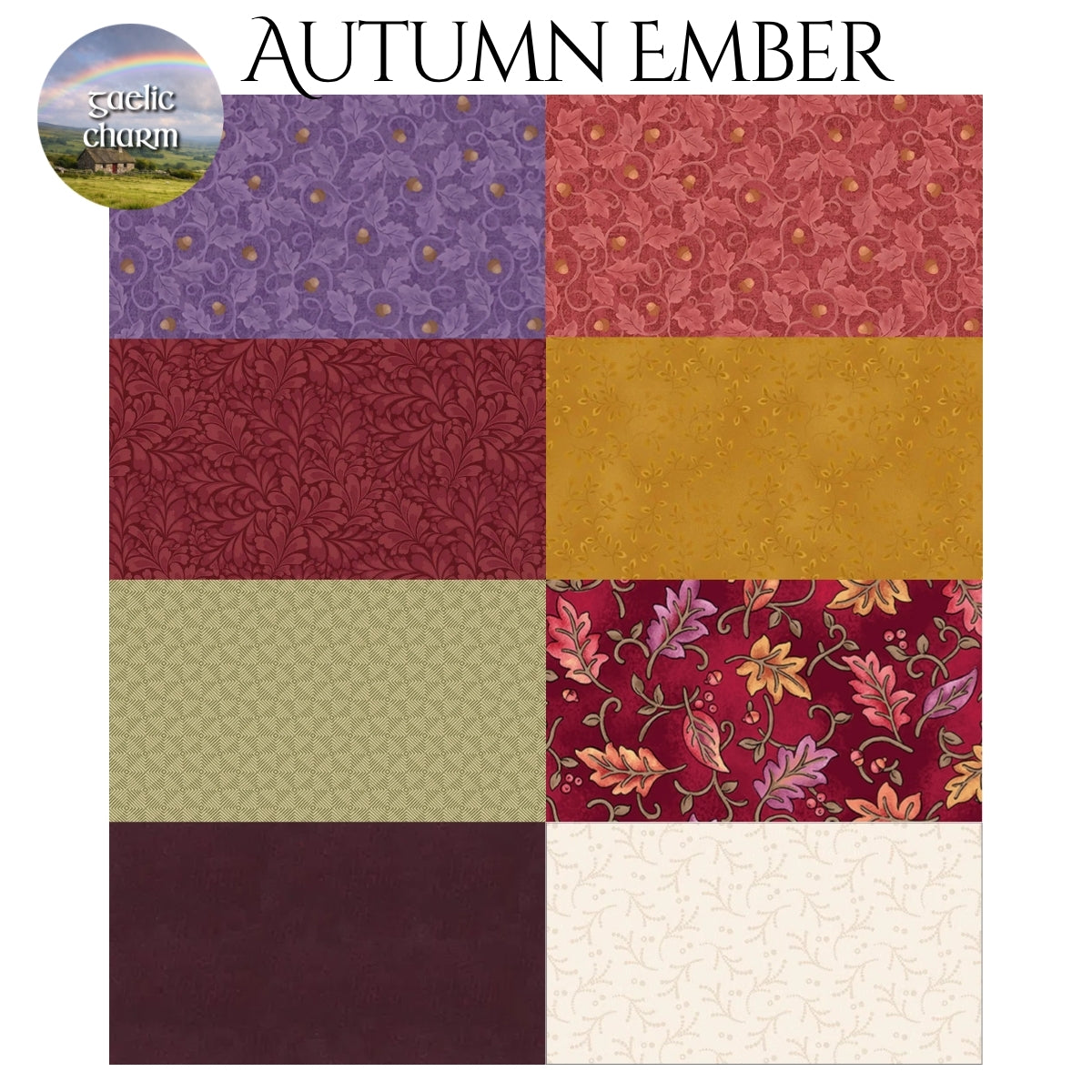 Autumn Ember fabric swatches for Mystery Five-0 Gaelic Charm mystery quilt