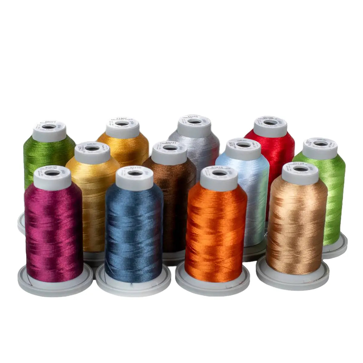 The Kimberbell Autumn Acres Glide Thread Bundle by Hab+Dash by Fil Tec features 11 vibrant spools—green, yellow, silver, blue, red, purple, orange, and brown—arranged in three rows on white, ideal for machine embroidery or autumn projects.