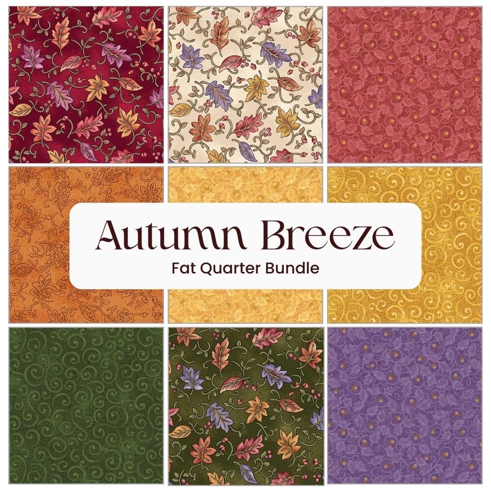 Nine fall-inspired fabric squares with floral and swirl patterns in warm colors frame the text “Autumn Breeze Fat Quarter Bundle 2” by Benartex—ideal for sewing cozy autumn quilts.