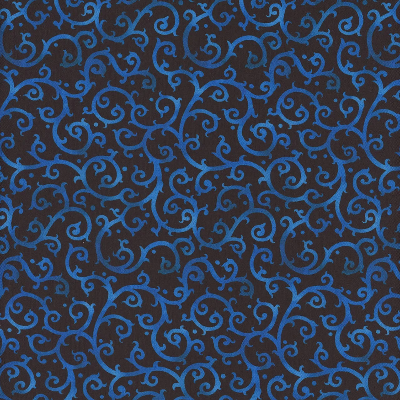 Featuring a dark background with intricate swirling blue lines, Scrolling Splendor Blue/Black Fabric Yardage offers an ornate, vine-like design—ideal for those seeking elegant blue-black fabric for sophisticated projects.