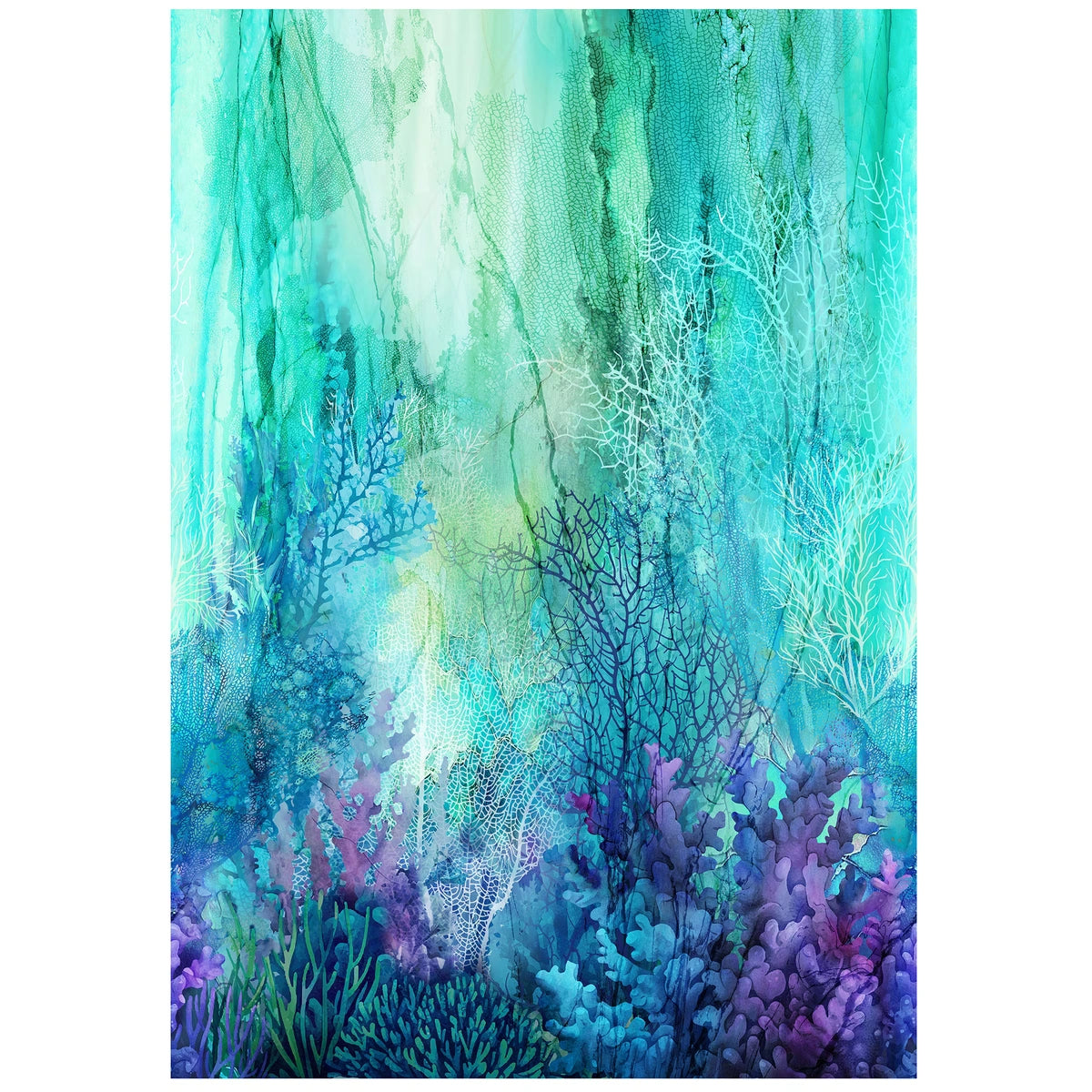 Dreamy abstract underwater scene with blue, turquoise, and purple coral on the Northcott Coral Reef Turquoise 108" Wide 3 Yard Quilt Fabric Back Pack—evoking soft light filtering through ocean water.