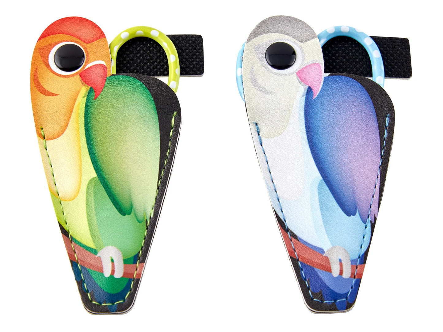 The Baby Lock Purse Parrot Embroidery Scissors With Pouch set includes two colorful parrot-shaped pouches for your scissors, featuring button eyes and hanging loops—one in green/yellow/red, the other in white/blue/grey.