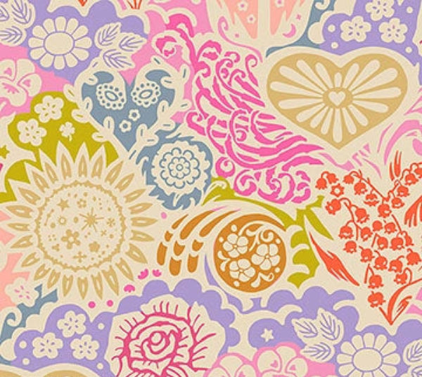 Backings No. 3 Bouquet Euphoria by Northcott features a vibrant floral and heart design in pink, purple, yellow, green, and beige on premium 108" wide cotton—perfect for quilt backing. Includes a 3 yard pack.