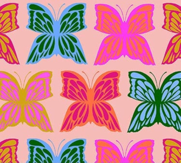 Backings No. 3 Pink Runway by Northcott features colorful butterflies with green, pink, yellow, and red wings on a light peach background, 108" wide and ideal for quilt backing or extra-wide cotton projects. Butterflies are neatly arranged in rows and columns.