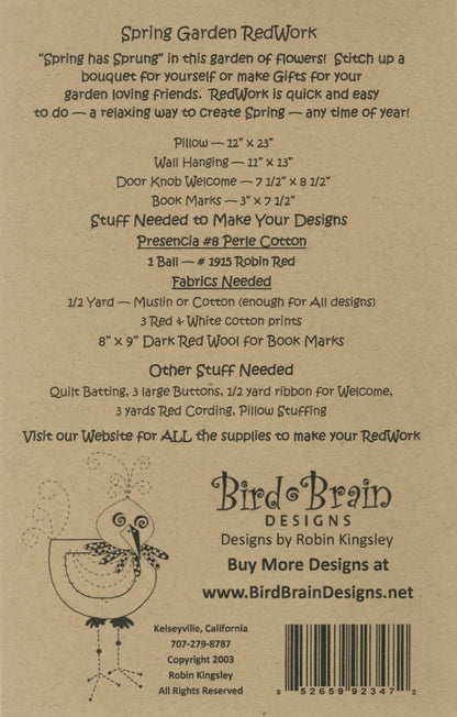 The Spring Garden Redwork Quilt Pattern by Checker Distributor lists required threads, fabrics, ribbons, and buttons for a floral quilt. Includes contact information and website details.