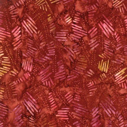Dashes Sienna Fabric Yardage by Benartex features a reddish-brown background with abstract short lines and dots in pink, yellow, and orange for a textured, coordinated look.