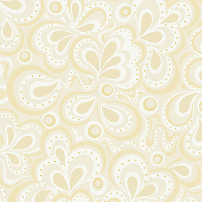 Moonlight Serenade Cream 108" Wide Quilt Backing Fabric by Benartex features an abstract cream and beige paisley pattern with white and gold dotted accents, creating a soft, harmonious design of flowing swirls and curves.