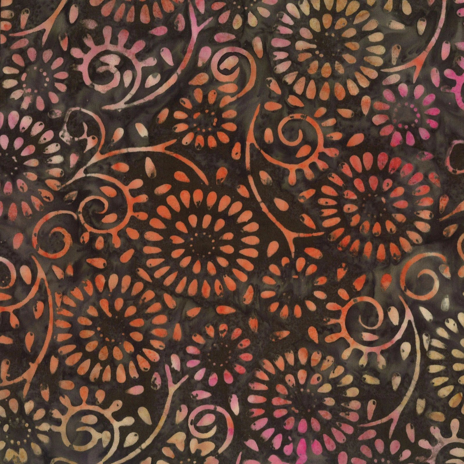 Featuring vibrant stylized florals and swirling vines in orange, red, and pink on a dark brown background, Dahlia Earth/Multi Fabric Yardage adds striking Benartex flair to any project. Perfect for quilting or sewing.