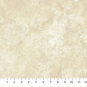 A sample of Northcott’s Stonehenge Beige Quartz Flannel 108" Wide 3 Yard Quilt Fabric Back Pack, featuring a subtle marbled design, is shown beside a 12-inch ruler for scale—perfect backing for large quilting projects.