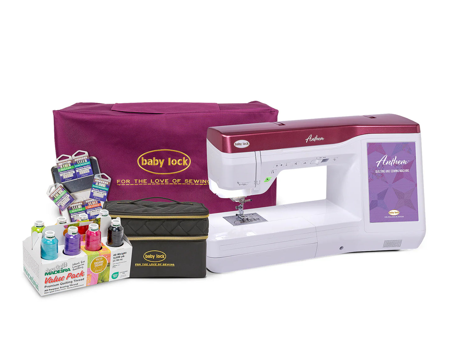 A Baby Lock Anthem Sewing & Quilting Machine with FREE 60 Days of Online Classes is displayed in front of a purple carrying case, surrounded by colorful thread spools, quilting accessories, and a black Baby Lock storage box.