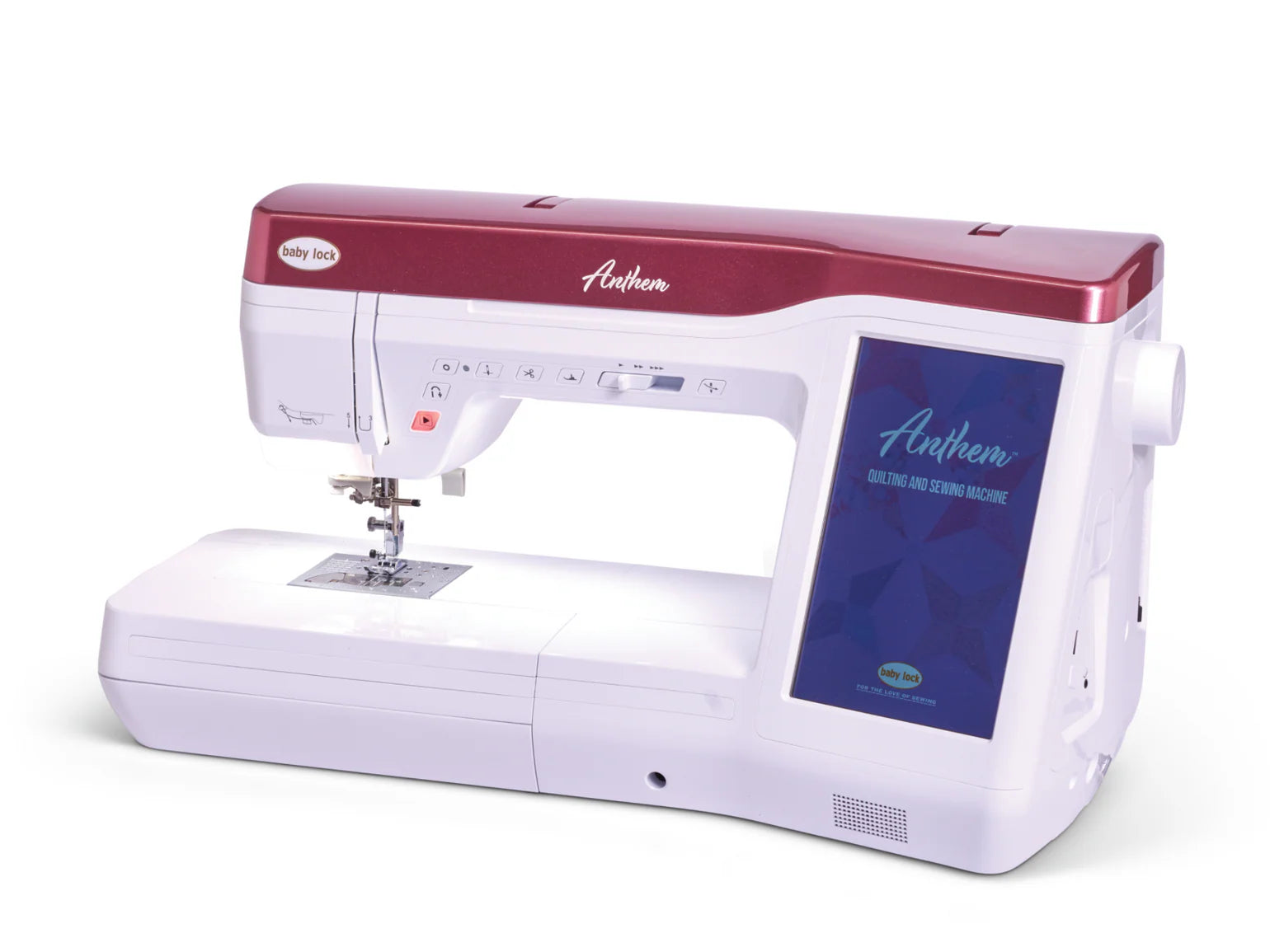The Baby Lock Anthem Sewing & Quilting Machine, featuring a red and white body, large digital touchscreen, StitchSync Regulation, and multiple control buttons, comes with FREE 60 Days of Online Classes. Set against a plain white background.