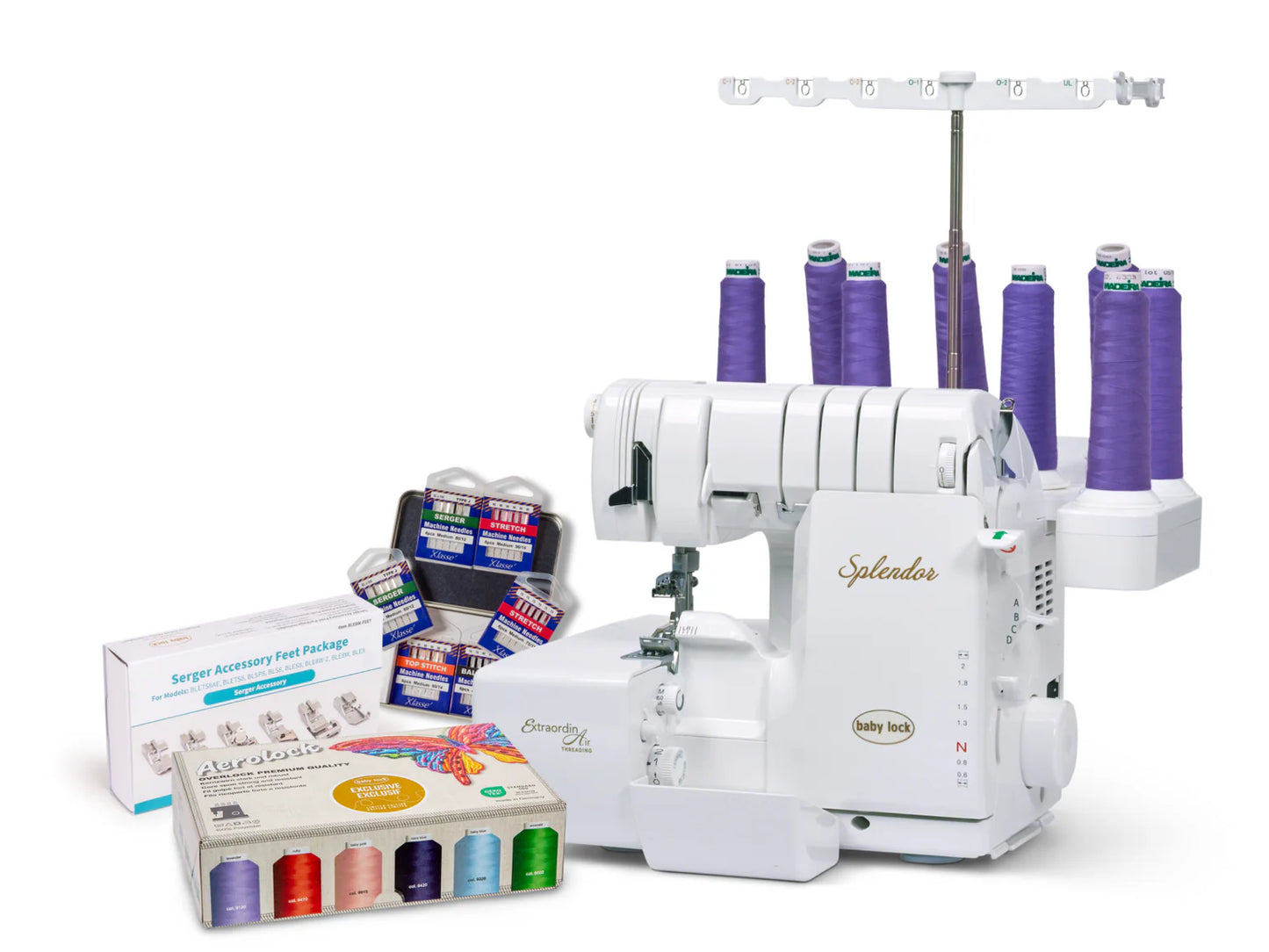 A Baby Lock Splendor 8-Thread Combination Serger with ExtraordinAir™ Threading is shown with purple thread spools, assorted thread cones, metallic bobbin thread, and a serger accessory foot package—your complete serger bundle.