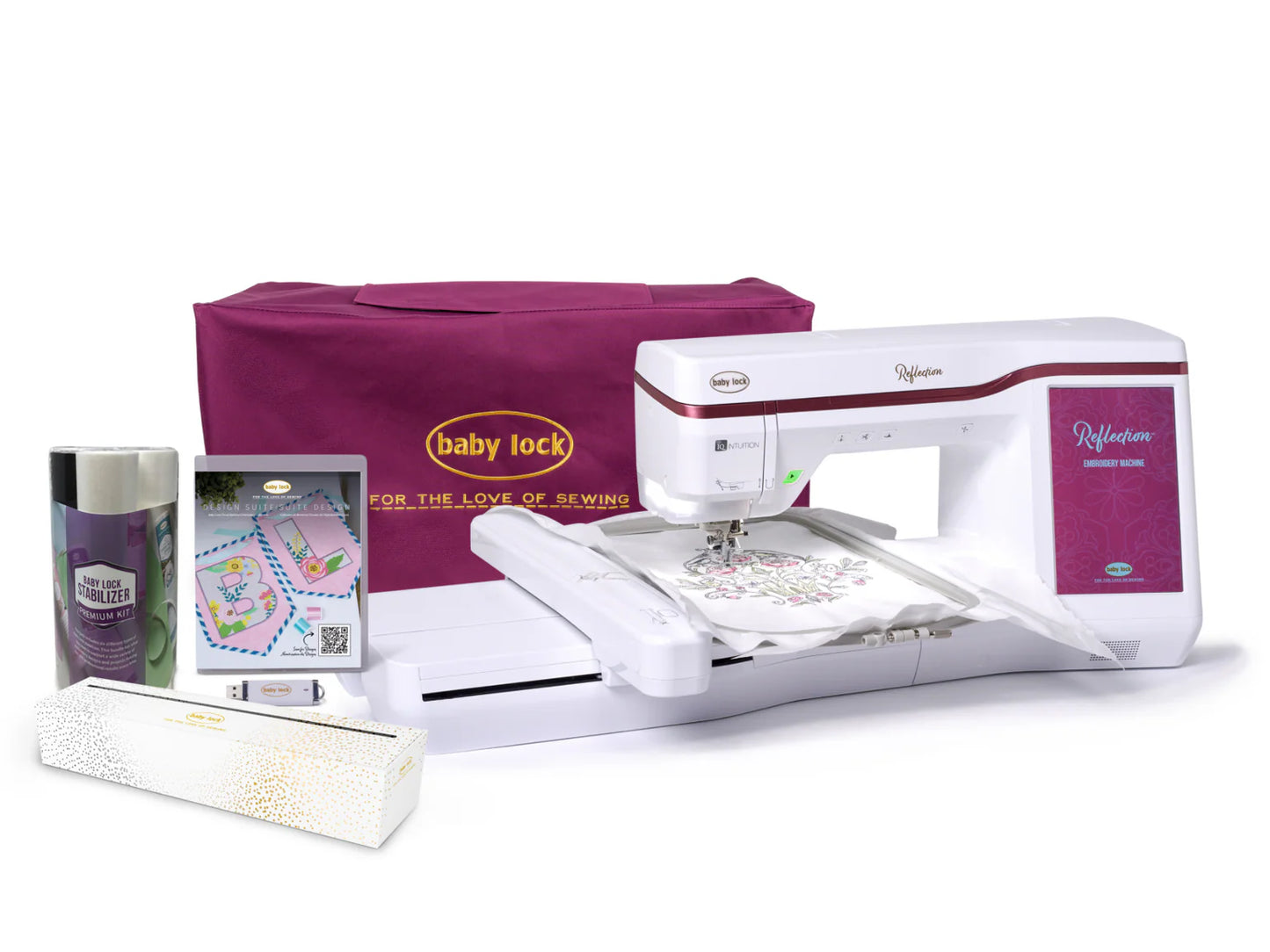 A Baby Lock Reflection Sewing & Embroidery machine with FREE 60 Days of Online Classes is shown in white, displayed before a purple carrying case and surrounded by threads, supplies, a touchscreen screen, and an embroidery design in its hoop.