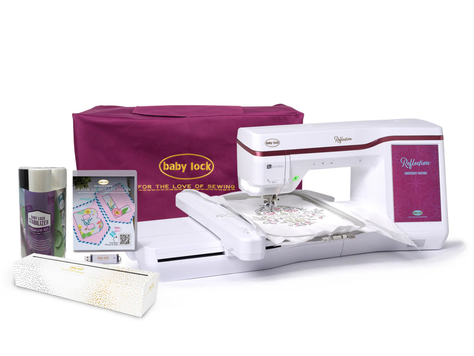 A Baby Lock Reflection Sewing & Embroidery machine with FREE 60 Days of Online Classes is shown in white, displayed before a purple carrying case and surrounded by threads, supplies, a touchscreen screen, and an embroidery design in its hoop.