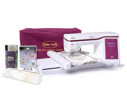 A Baby Lock Reflection Sewing & Embroidery machine with FREE 60 Days of Online Classes is shown in white, displayed before a purple carrying case and surrounded by threads, supplies, a touchscreen screen, and an embroidery design in its hoop.