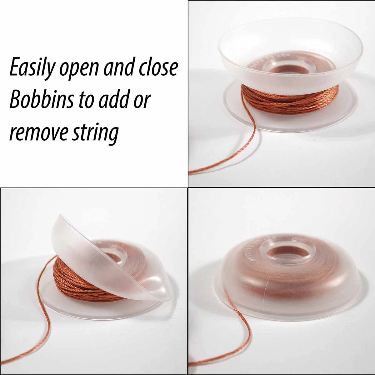 Four-panel image of Checker Distributor's Bob-EEZ 1-7/8" plastic bobbins (pack of 8) with copper string, demonstrating easy opening and closing for cord management. Text: Easily open and close Bob-EEZ to add or remove string.