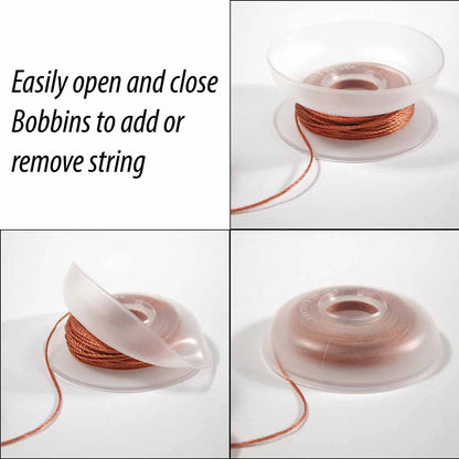 Four-panel image of Checker Distributor's Bob-EEZ 1-7/8" plastic bobbins (pack of 8) with copper string, demonstrating easy opening and closing for cord management. Text: Easily open and close Bob-EEZ to add or remove string.