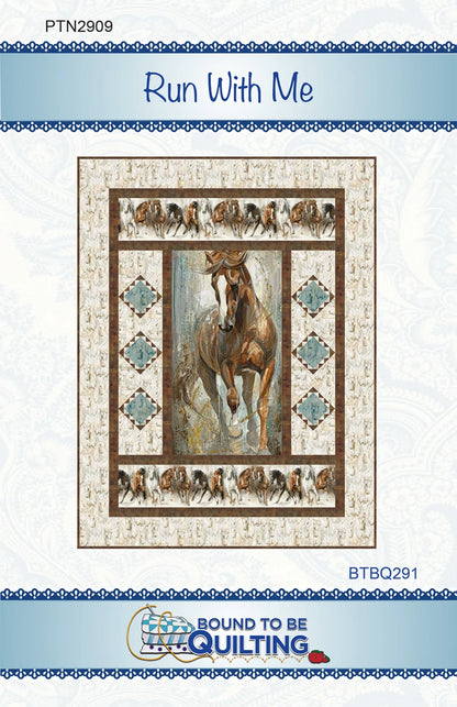 The Run With Me Quilt Pattern by Checker Distributor features a central horse motif, southwest-inspired borders, and geometric designs—ideal for beginners seeking a unique project. “Bound to Be Quilting” logo appears at the bottom.