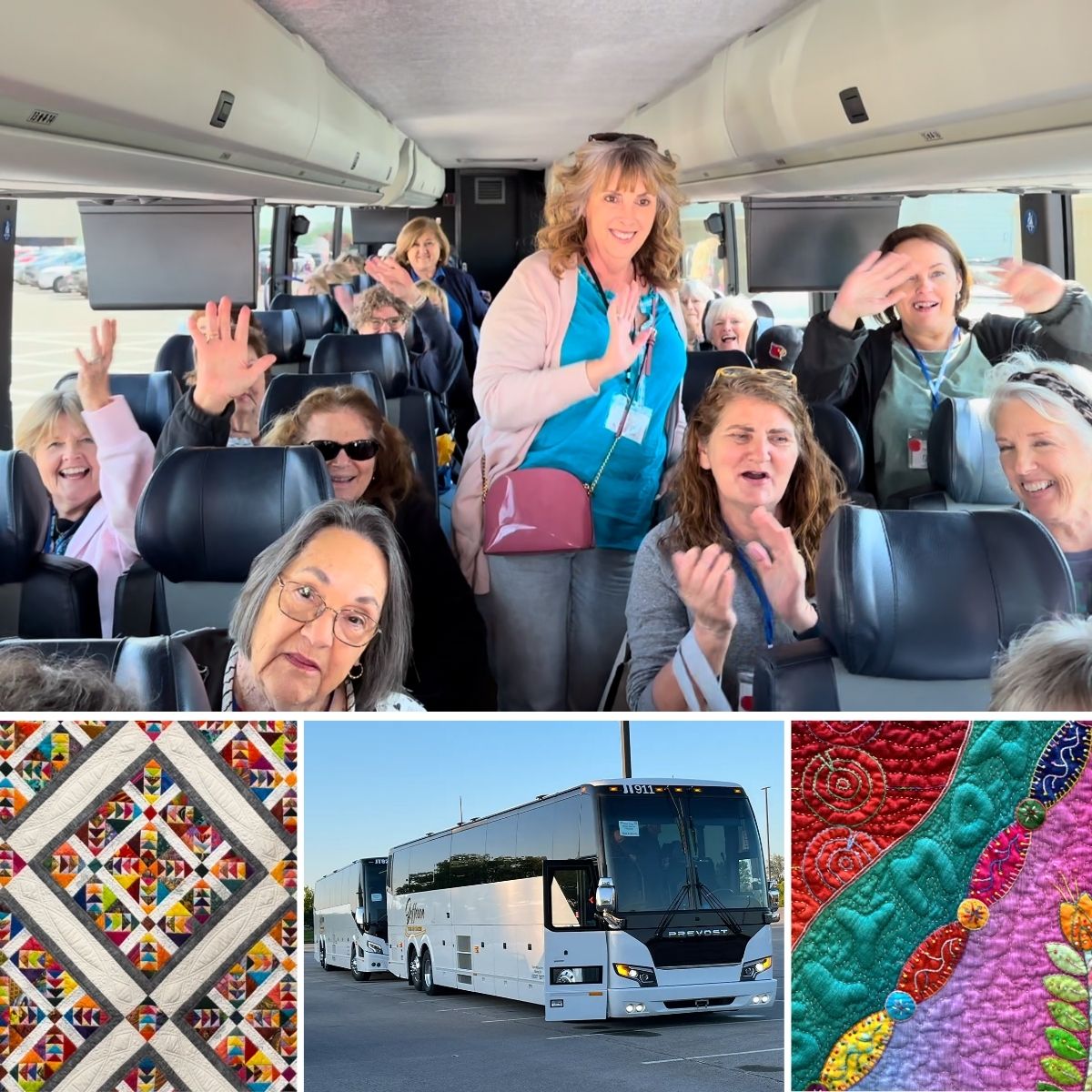 A group of smiling women waves inside a Bus To Paducah 2026 by Quilted Joy. Below, close-up shots display vibrant quilts and a photo features two white tour buses parked outdoors.