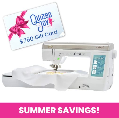 A Baby Lock Aerial Embroidery and Sewing Machine with 60 days of FREE online classes is shown stitching fabric beside a $760 Quilted Joy gift card. Below, a pink banner reads SUMMER SAVINGS! in bold white letters.
