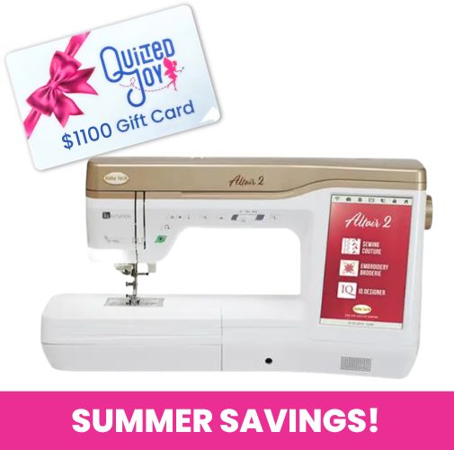 The Baby Lock Altair 2 Embroidery & Sewing Machine is displayed beneath a $1100 Quilted Joy gift card. A pink "SUMMER SAVINGS!" banner highlights this top Baby Lock pick for creative embroidery enthusiasts.