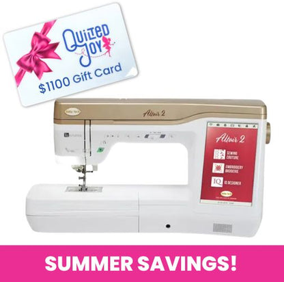 The Baby Lock Altair 2 Embroidery & Sewing Machine is displayed beneath a $1100 Quilted Joy gift card. A pink "SUMMER SAVINGS!" banner highlights this top Baby Lock pick for creative embroidery enthusiasts.