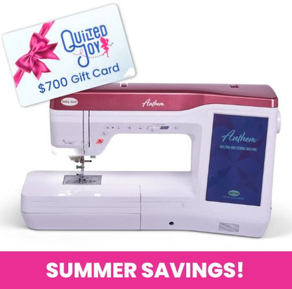 A Baby Lock Anthem Sewing & Quilting Machine with FREE 60 Days of Online Classes and a pink-red top sits beneath a $700 Quilted Joy gift card with a pink bow. Text at the bottom reads, SUMMER SAVINGS! Perfect for your next quilting bundle.